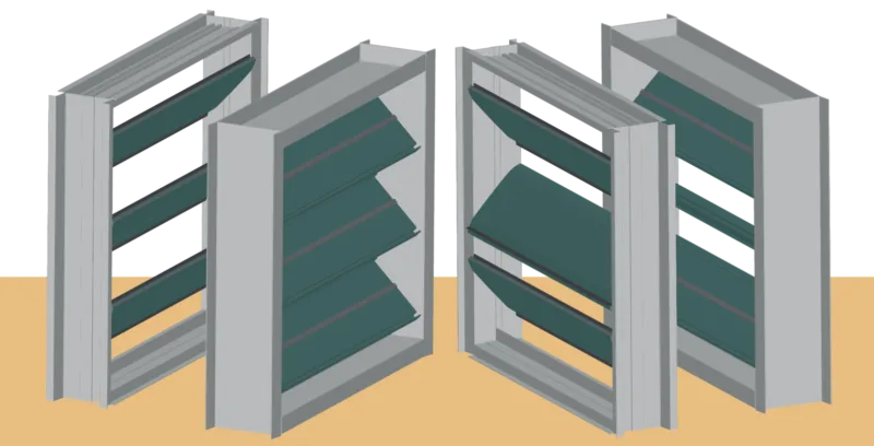 Illustrations of four dampers, two with parallel blades and two with opposed blades