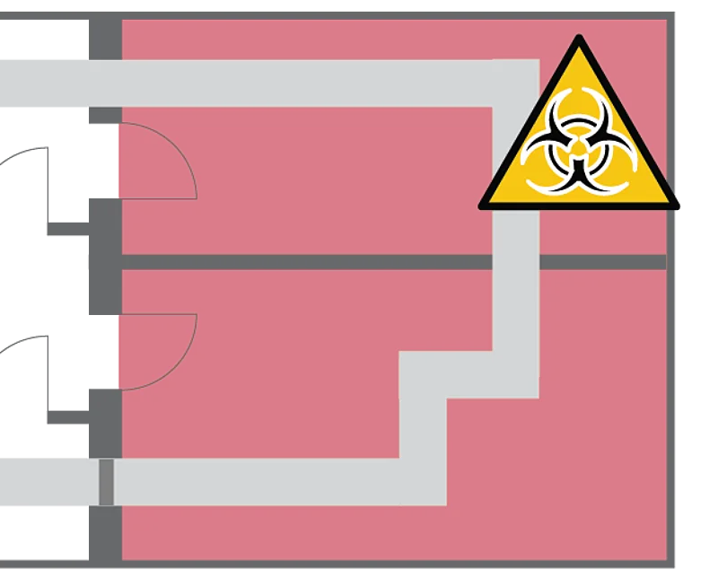 Layout of a room with contaminated air and a biohazard sign.