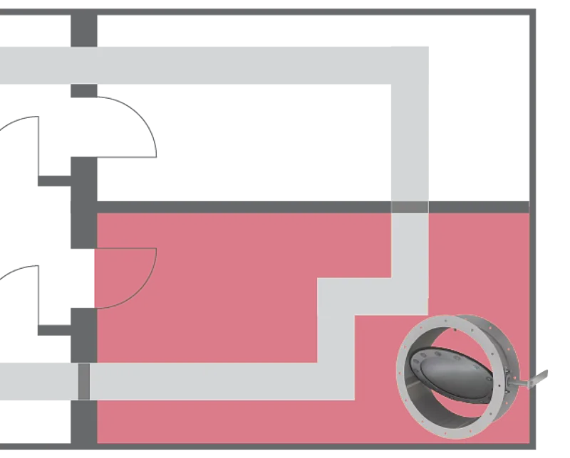 Layout of a room with isolated airflow and a bubble-tight isolation damper