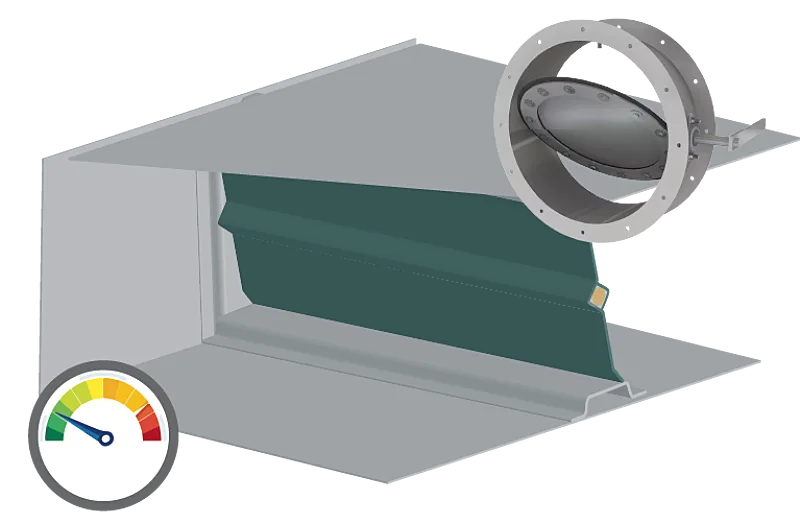 A damper in a duct with balanced air pressure and a pressure relief damper