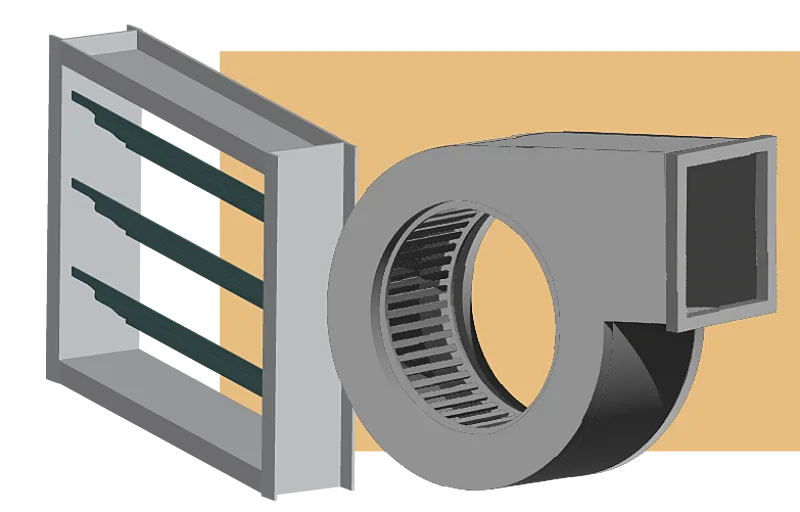 Illustration of a fan outlet damper and a centriifugal fan