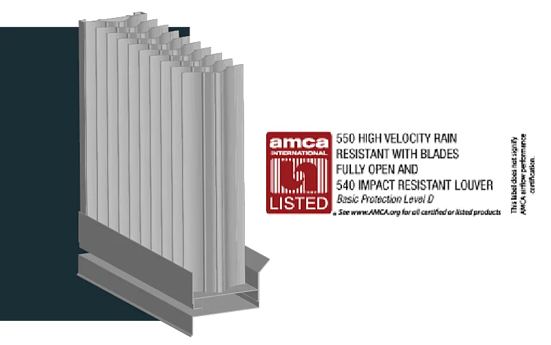 A louver with an AMCA listing label for AMCA 540 and AMCA 550