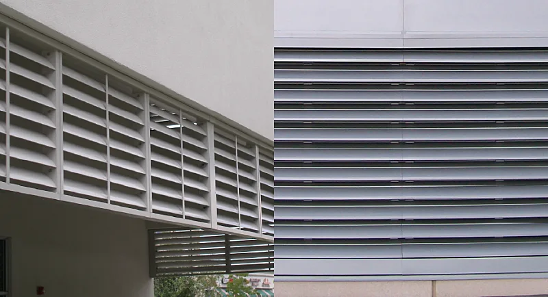 Two louvers, each installed in an opening, with different types of mullions