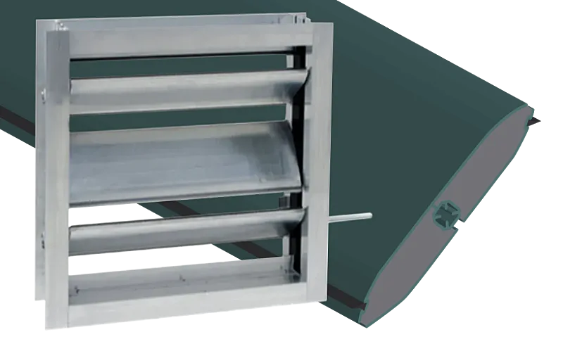 A damper with insulated blades beside an illustration of an insulated damper blade