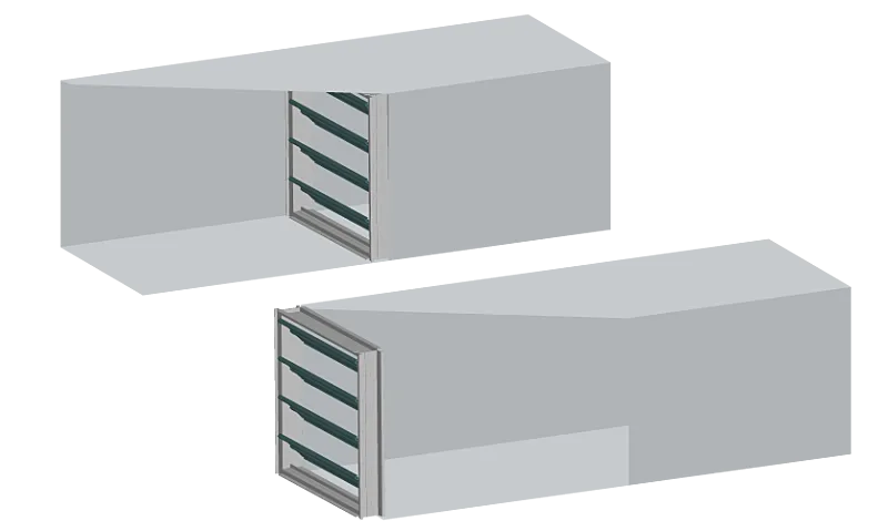 Illustraitons of two dampers, one installed in-duct and one on-face
