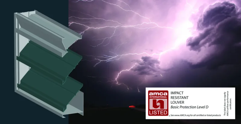 Fixed blade louver with an AMCA 540 listing label and a storm in the background